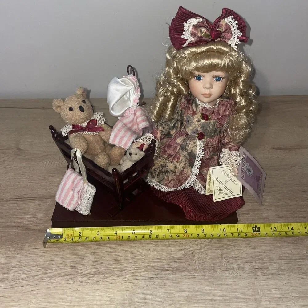 Collectible Memories Veronica Porcelain Doll w/ Teddy Bear Cradle + COA
